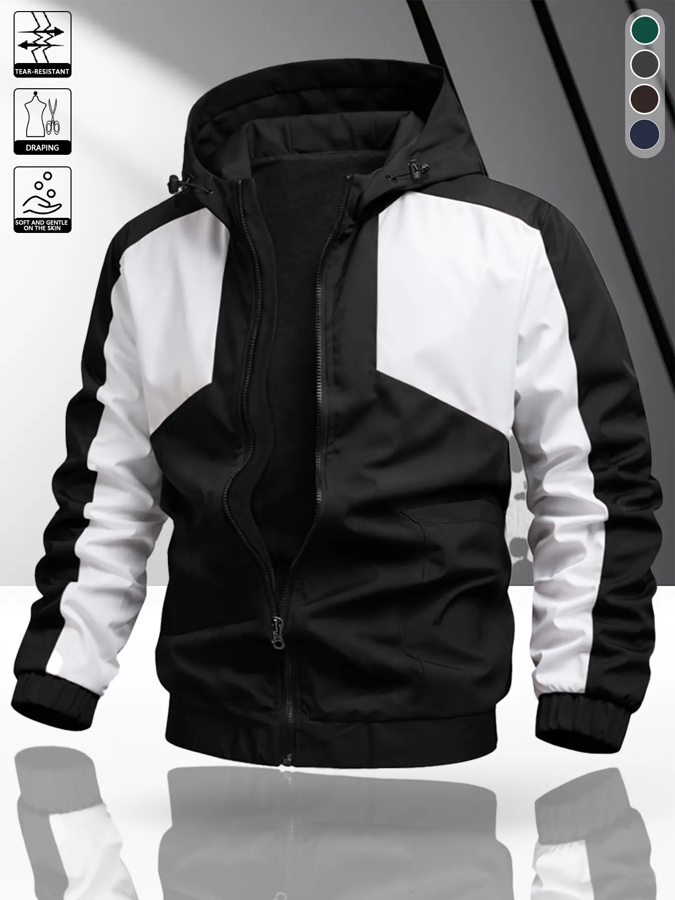 Men’s lightweight water-resistant hooded jacket featuring a two-tone geometric color-block design, full zip closure, elastic cuffs, and an adjustable drawstring hood. Suitable for sports, skateboarding, and everyday wear. Available in multiple colors.