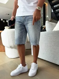 Summer Blockbuster, Casual, Men's Light Blue Rhinestone Decorated Denim Shorts, Small White Rhinestones Adorned Men's Non-Elastic Shorts, American Street Hip-Hop Shorts, Essential for Beach Parties and Vacations, TikTok Blockbuster Pants