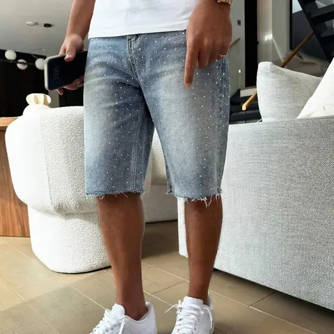 Men's Light Blue Light Wash Plain Rhinestone-Embellished Denim Jeans Jorts, S Fits W32, S-W32 to XXL-W40, Loose Fit Non-Stretch Y2K Streetwear Casual Shorts Menswear Jean