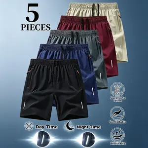 Men's 5-pack solid color shorts with zipper pockets, summer casual, comfortable and breathable knee-length pants, men's daily bottoms, quick-drying outdoor sports shorts