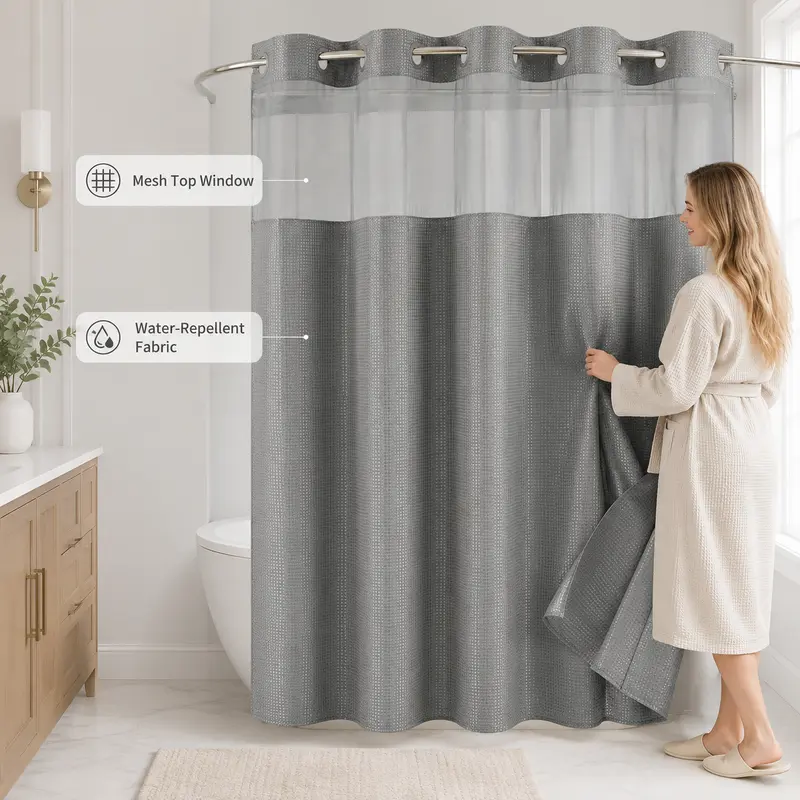72x75 in Heavyweight Poly Hookless Waffle-Textured Shower Curtain - Clip-On Snap-In Rings, Waterproof Inner Lining, Washable Outer, Modern Hook-Free Hang Shower Curtain No Hooks for Home Bathroom Supplies