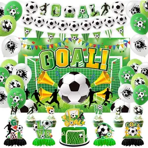 Football-themed party decorations, football flags, cake toppers, balloons, and table decorations