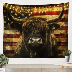 Highland Cow Tapestry with American Flag Design – Rustic Western Wall Decor for Bedroom, Durable Polyester Fabric, Indoor/Outdoor Use, Patriotic Animal Print, Versatile Hanging Decor |   Starry Night Theme |   Lightweight Wall Art