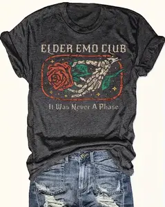 Elder Emo Club It Was Never A Phase Skeleton Hand Rose Vintage Washed Women's Short Sleeve T-Shirt.Alt Goth Gift T-Shirt, Vintage Bamboo Frame Skeleton Rose Elder Emo Graphic Distressed Top.