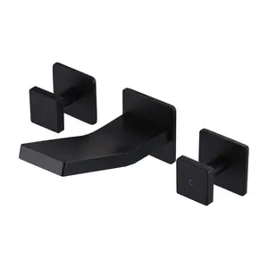 WOWOW Double Handle Solid Brass Wall Mounted Bathroom Faucet, Waterfall Basin Faucet with Rough in Valve in Matte Black
