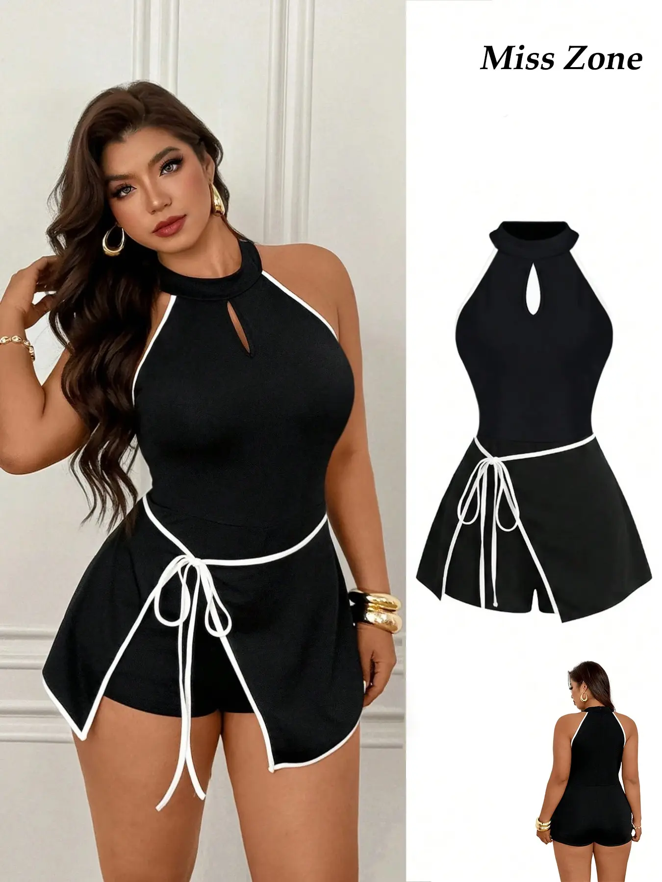 Women's Plus Size Chic Romper Contrast Binding Halter Neck Keyhole Cutout Tie Waist Adjustable Skort Casual Summer Resort Outfits Trendy Aesthetic,Knit Fabric Casual Fitted Romper, Knitted Romper