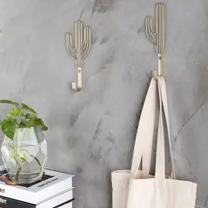 Wall-Mounted Brass-Tone Metal Cactus Coat Hooks, Set of 2