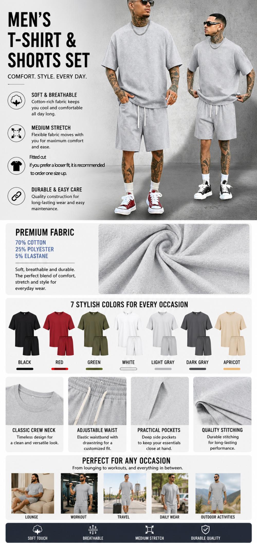 Men’s summer cotton short-sleeve T-shirt casual sports set—fashionable for vacations, camping, and outdoor activities; top with pockets and pants with an elastic waistband and drawstring; 2-piece set, a great gift for husband or boyfriend Basic Classic
