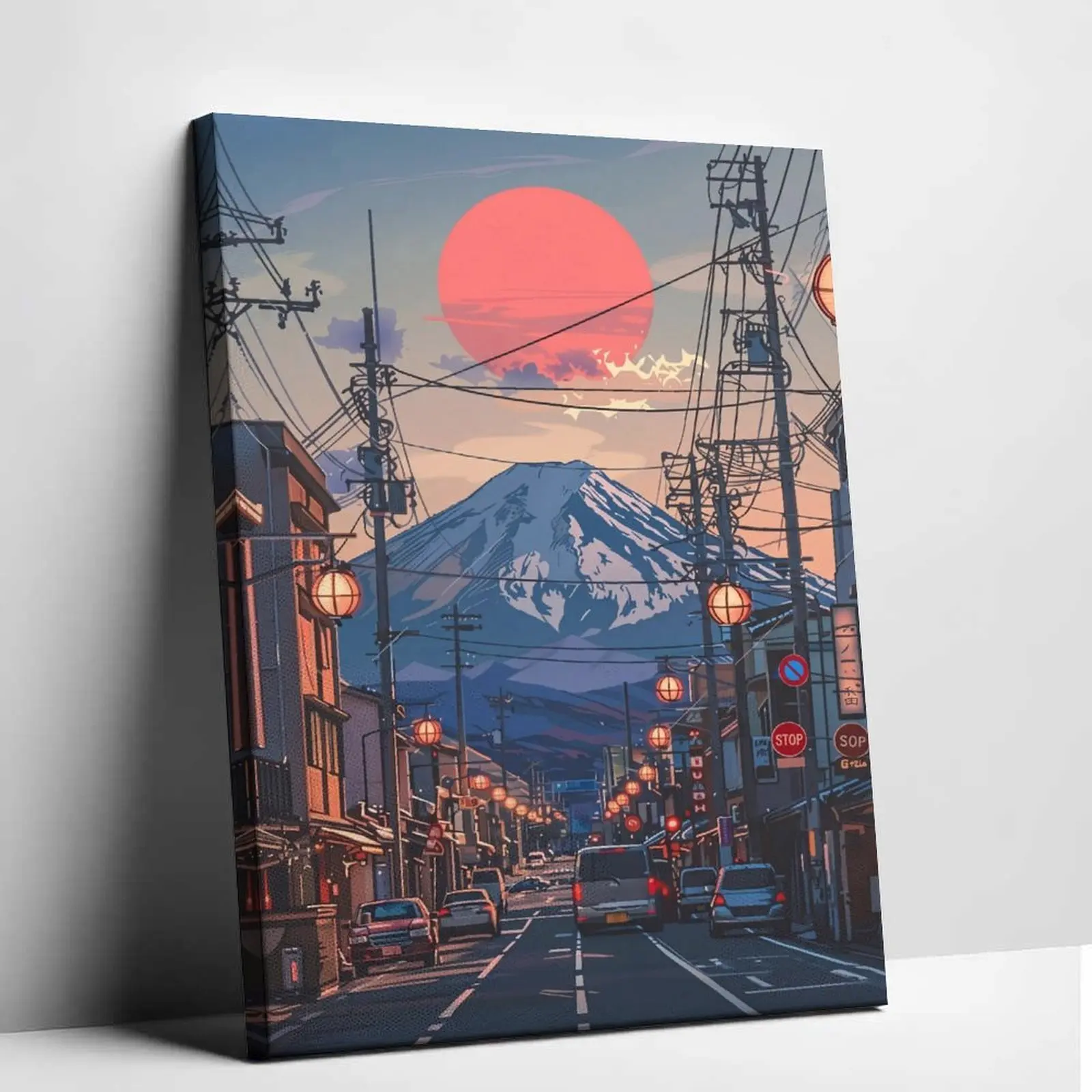 Retro Japanese Aesthetic Mount Fuji Canvas Art Unframed Lo-Fi Sunset Street Poster Anime Room Decor for Bedroom