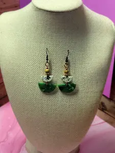 Green and White Half-Moon Black Nickel-Free Fishhooks Earrings