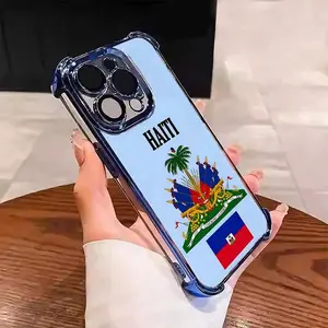 Haiti Flag Pattern Design Aesthetic Electroplated TPU Phone Case for iphone 17 Promax 16 15 Plus 14 13 12 11 Samsung S26 S25 Plus S24 Ultra S23 FE S22, Four Corners Anti-Fall Transparent Casual Soft Silicone Phone Cases