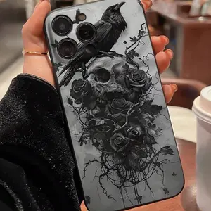 Anti-Drop Shockproof Full Coverage Phone Case Protector for iPhone Models 6-16 Pro Max, Rose Skull Raven Design, Ideal Gift for Women & Teens, Casing