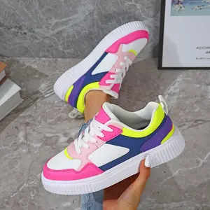 Women's Low-Top Color-Block Skate Sneakers - Neon Pink & Purple PU Cover Lace-Up Shoes with EVA Cushioning, Lightweight All-Season Comfort for Urban Walking, Casual Outfits & Christmas Gifts, Walking Shoes| Cushioned EVA Sole, Skate Shoes