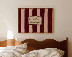 [Sale Up To 50%] Love You Goodnight Bed Print, Horizontal Above Bed Textured Wall Art, Handwritten Mid Century Bedroom Poster, Retro Pink Striped Stay in Bed