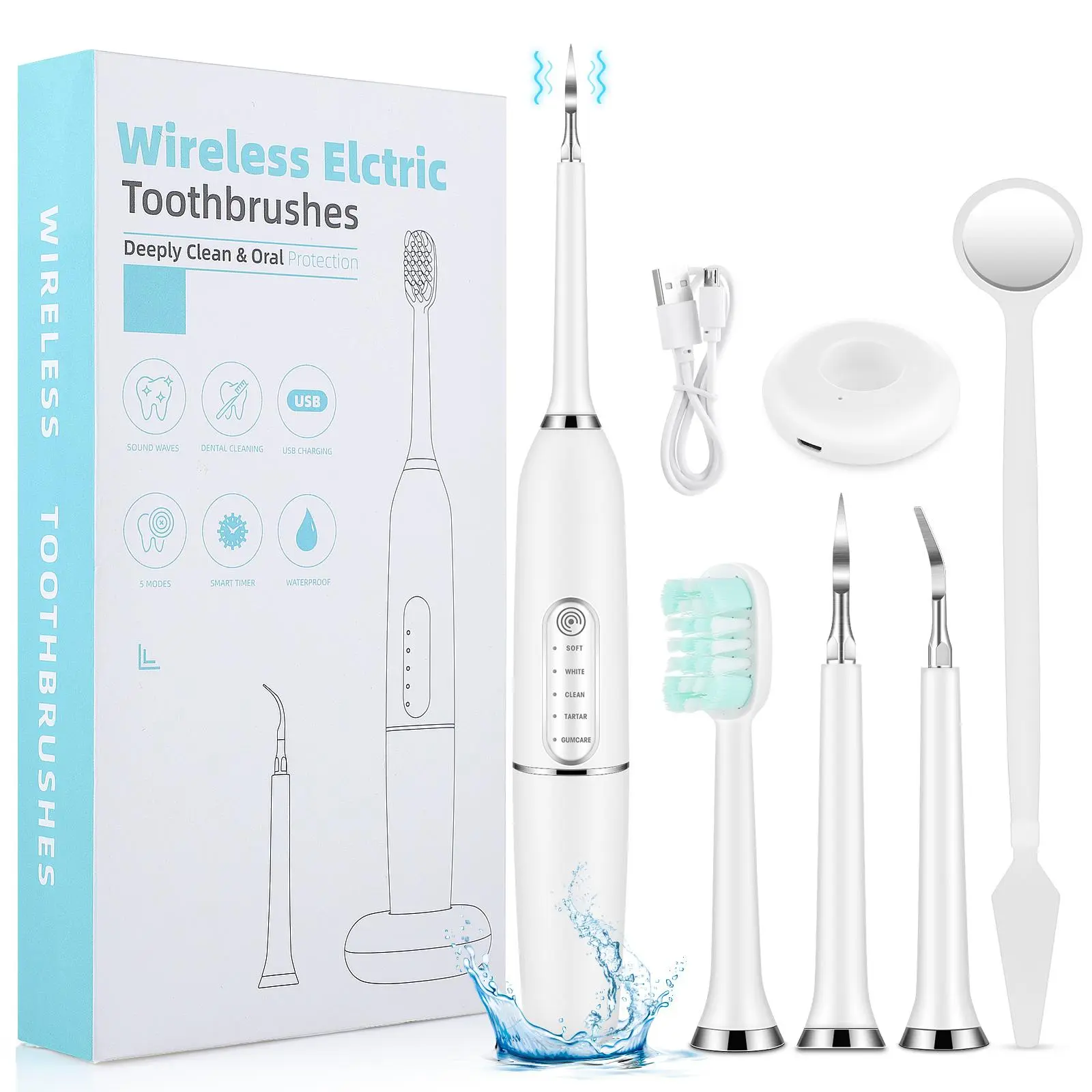 Electric Toothbrush and Calculus Scaler Kit, USB Rechargeable Teeth Cleansing Tool with 5 Modes, IPX7 Waterproof for Adults, Abs, 5Gears Mode, 500Mah, Micro-Usb, Yes