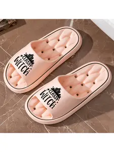 Classy Witch Halloween Slippers with Hollow Out Sole, Casual Home Slippers, Spooky Haunted House Print Open Toe Slides, Breathable Lightweight Slip On Shoes for Women, Perfect for Halloween Party Daily Wear, Comfy Non
