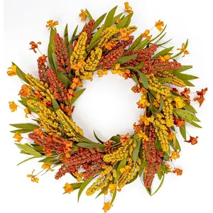 Fall Wreath for Front Door 20 Inch Autumn Wreaths Artificial Thanksgiving Wreath with Orange Yellow Sorghum Ear and Wildflower for Indoor Outdoor Harvest Festival Holiday Decorations