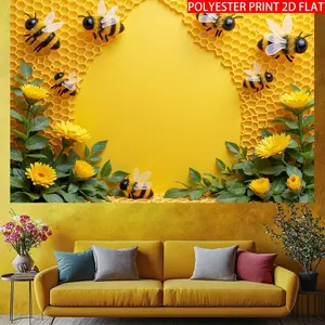 1pc 2D Flat banner, Happy Bee Day Party Banner, Polyester, Bee Themed Honeycomb Photography Backdrop - Perfect for Spring and Summer Celebrations, Cake Tables, and Outdoor Parties White