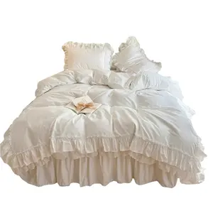 100% Pure Cotton Luxury Princess-Style Queen Bedding Sets, Ruffled Duvet Cover, Lace Viral Bed Skirt, Blush Pink Comforter, Hypoallergenic, Ultra-Soft Bedding Sets