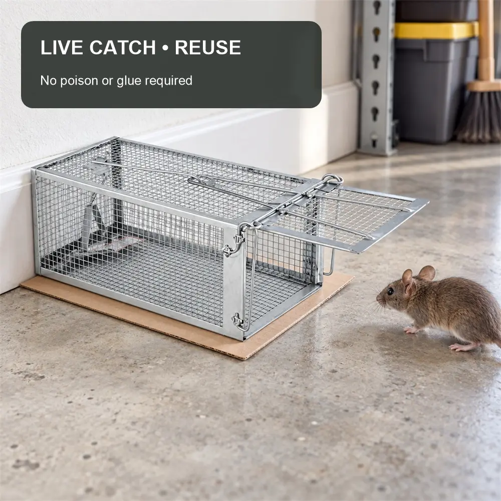 Live Catch Mouse Trap Cage, Reusable Galvanized Steel Humane Rodent Trap with Sensitive Rear Pedal and Auto-Latching Door, Easy-Set Catch and Release Cage for Mice, Small Rats, Home, Garage, Kitchen