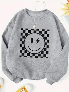 Women's Smile Face Print Crew Neck Fitted Sweatshirt Tops, Casual Long Sleeve Pullover for Fall & Winter, Women's Clothes for Everyday Wear, Womenswear, Lady