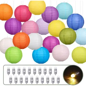 20 count Colorful Paper Lanterns with Lights,  Chinese Paper Lanterns for Party Decorations Weddings Birthday  Year Outdoor  Indoor (10 inches)