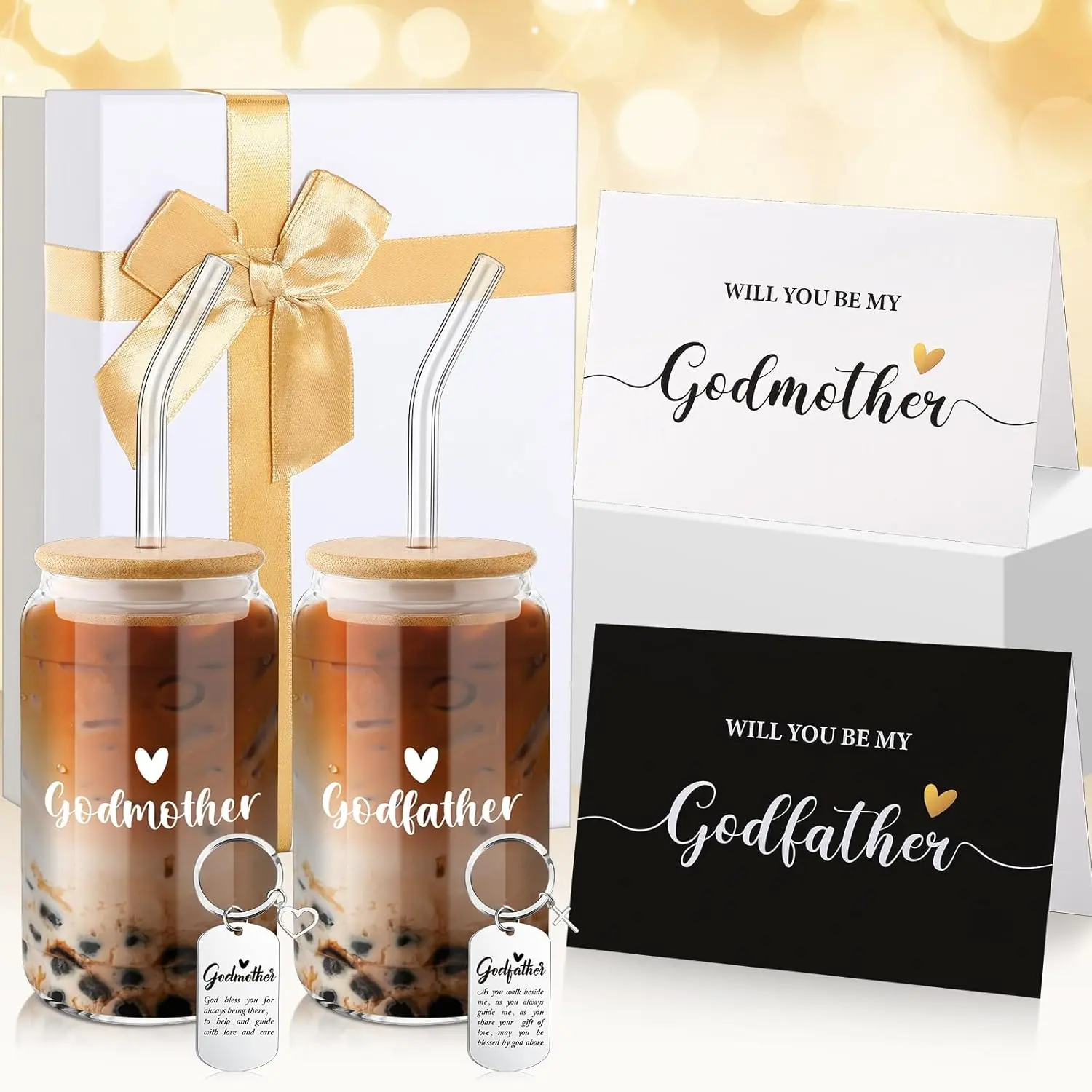 7-Piece Godparents Proposal Gift Set - Durable Aesthetic Synthetic Glass Cups (14 Oz/400 Ml, 5x2.6 Inches Madrina Coffee Cups), Keychains, Cards, Gift Box for Godchild Baptism Office Stationery Supplies