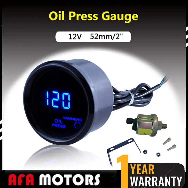 AFA Motors 2" 52mm Oil Press Pressure LED Gauge Black Car Truck Digital Blue LED Meter Kit USA Gauge Fahrenheit Water Smoked Lens High Precision 12V Durable Aluminum
