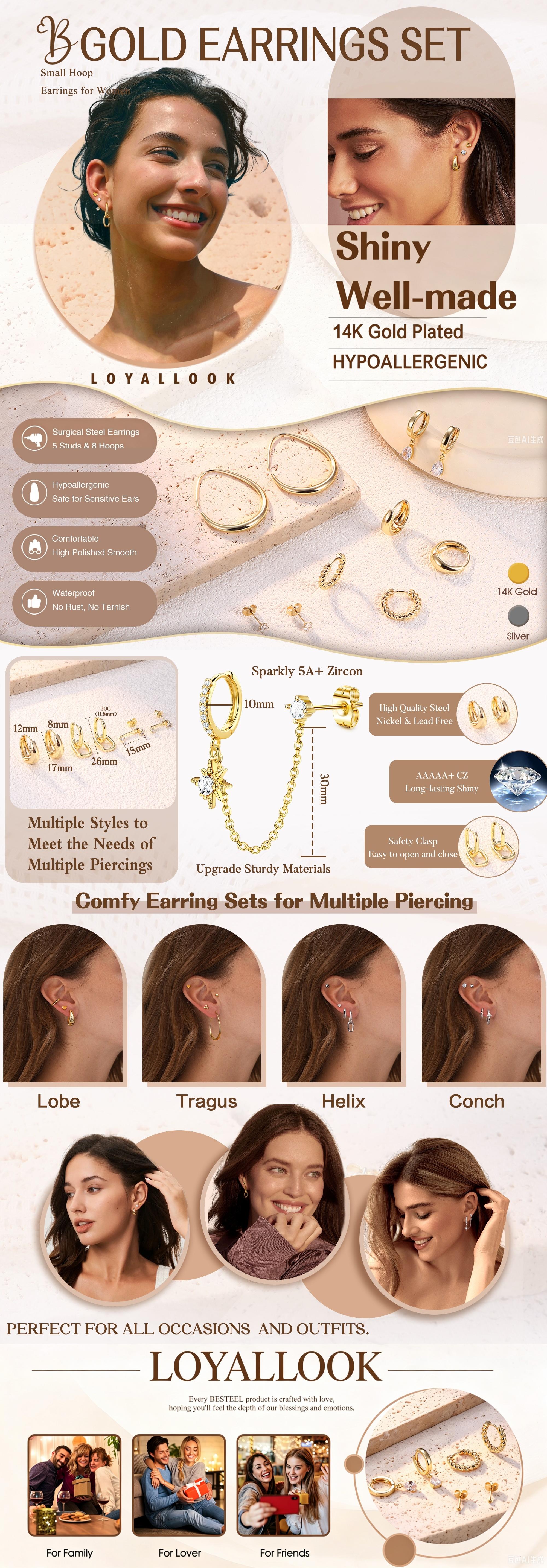 LOYALLOOK 13Pairs Small Hoop Earrings for Women - Hypoallergenic 14K Gold Plated Stud Huggie Earings Stacks Set for Multiple Piercing Dainty Non Tarnish Cartilage Jewelry Pack Trendy Lightweight Gift LOYALLOOK 13Pairs Small Hoop Earrings for Women - Hypoallergenic 14K Gold Plated Stud Huggie Earings Stacks Set for Multiple Piercing Dainty Non Tarnish Cartilage Jewelry Pack Trendy Lightweight Gift