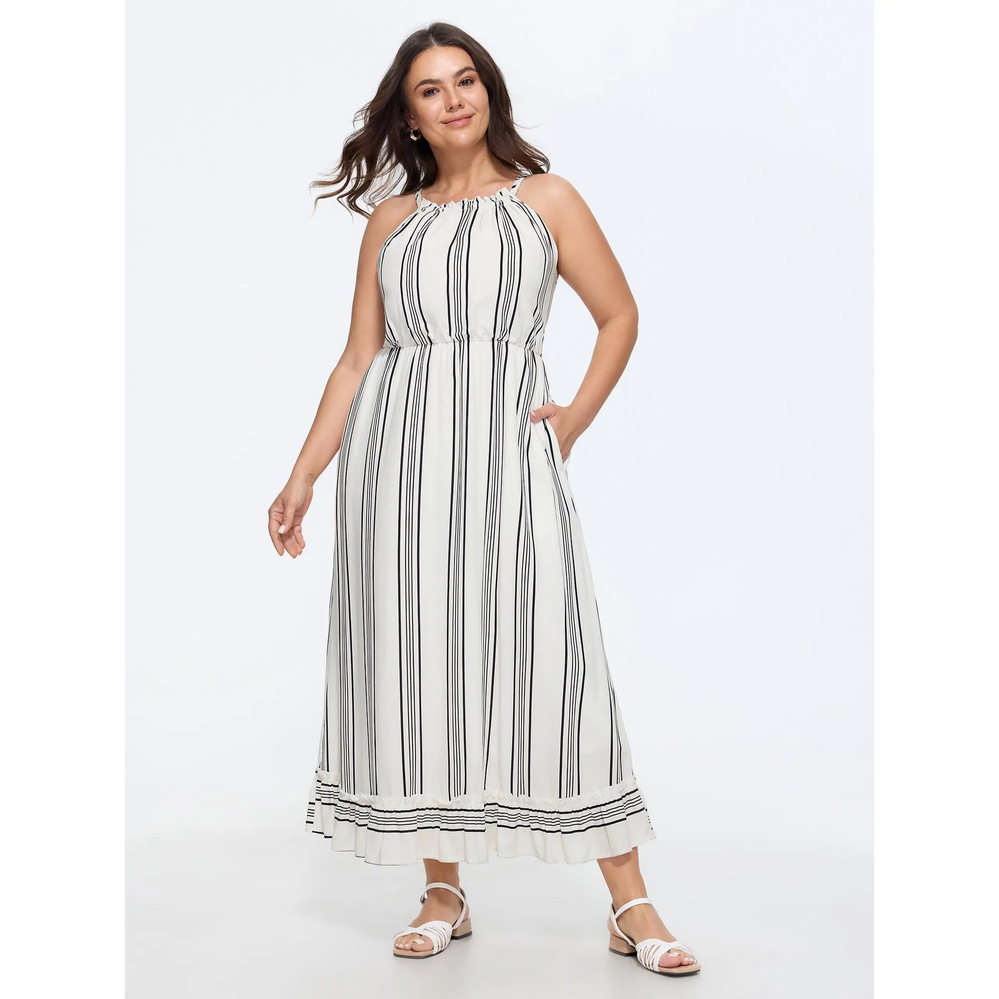 BLOOMCHIC Plus Size Supersoft Striped Print Halter Maxi Dress - Pull On, Sleeveless, Halter Neck, Pocket, 14-16/1x,18-20/2x,22-24/3x,M-6X, Polyester-Rayon Fabric, Smooth, Casual, Low Iron, Cold Wash, Do Not Tumble Dry