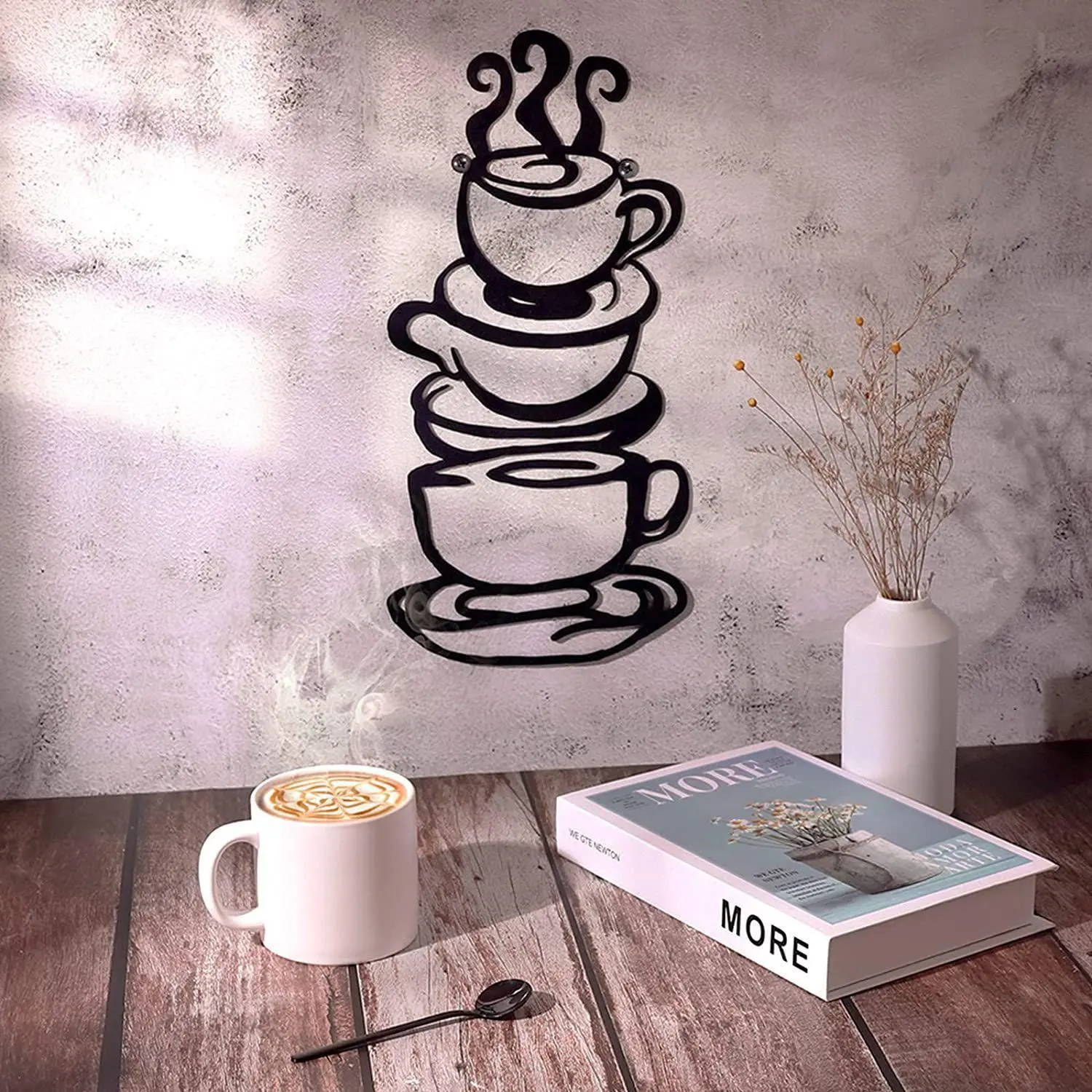 Iron Coffee Cup Wall Decor Set Black Cafe Themed Metal Art Scrolled Silhouette Home Bar Kitchen Diner Decor Gift Idea