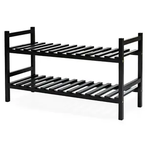 PJ Wood Stackable Wood Shoe Rack Organizer Shelf Closet Entryway Bedroom, Black