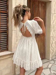 Women's Deep V-Neck Lace Patchwork Puff Sleeve High Waist A-Line Mini Dress,Spring/Summer, Backless Lace-Up Elegant Dresses,Cut Flower Textured Chiffon Fabric,Elegant And Romantic Commuting,Ruffled Dress,Boho Women Clothing,Fairycore, Wedding Guest Dress