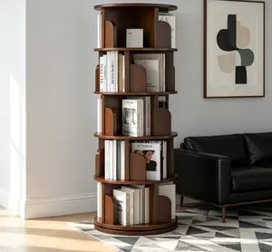 5 Tier 360° Rotating Bookshelf, Walnut Round Spinning Tower, Space-Saving Storage Organizer for Bedroom, Living Room & Home Office