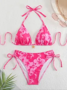 Women's Two-Piece Set, Strapless Design, Colorblock Pattern, Fitted Style, All-Season Wear, Casual Swimwear, Floral Print Bikinis