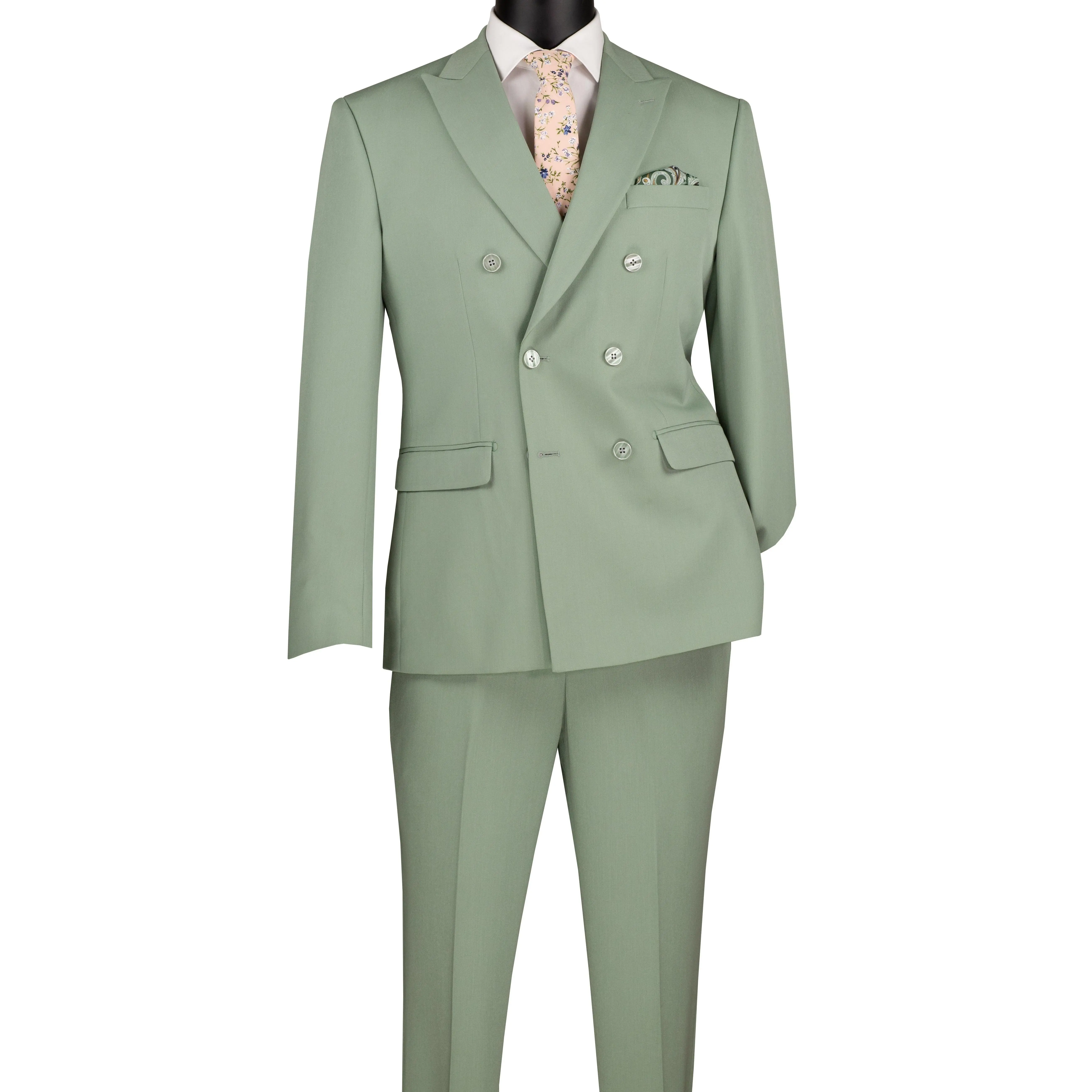 Men’s Double-Breasted Slim Fit Stretch Suit Peak Lapel - Sage Green