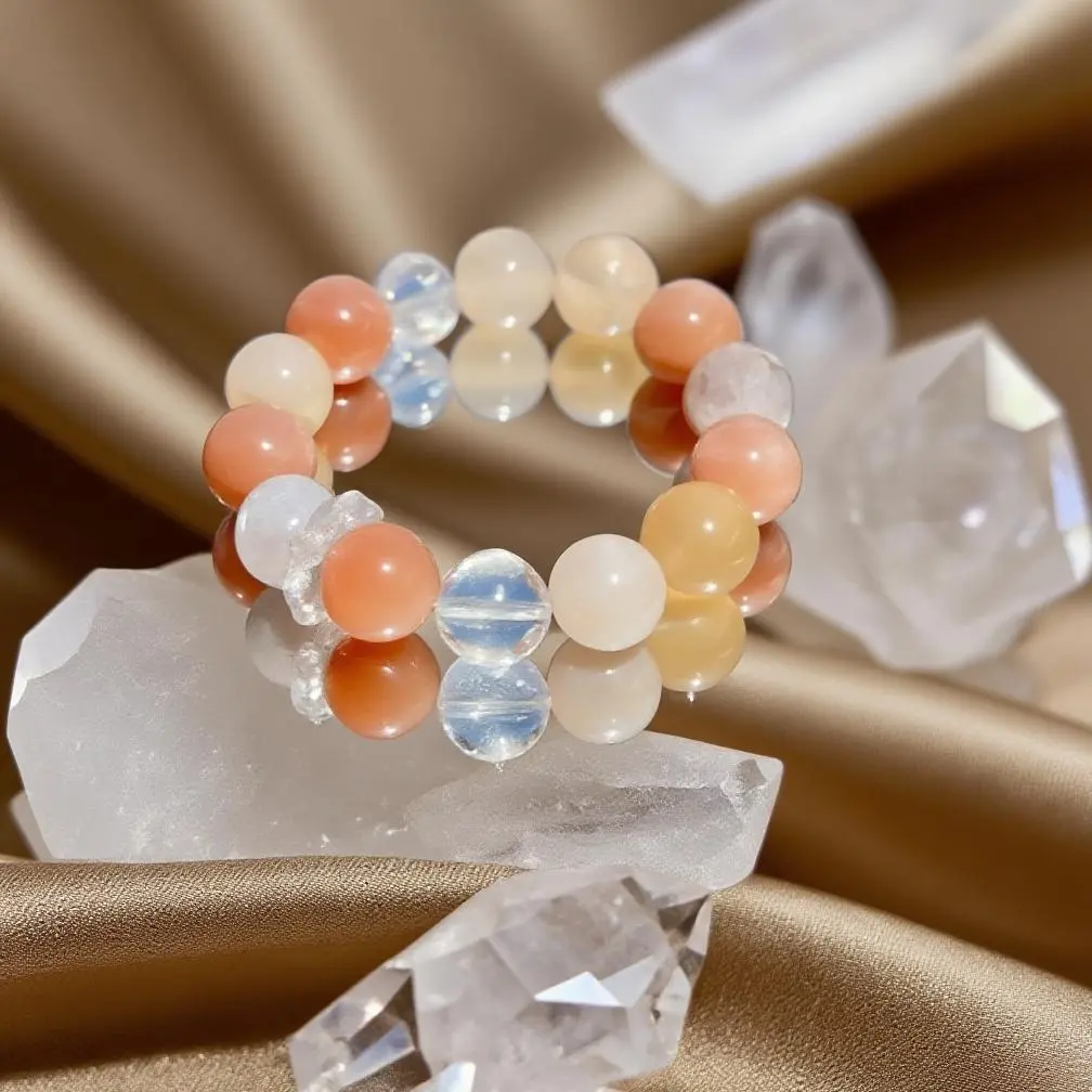 AAAAA+ Grade 14mm Clear Quartz Orange Moonstone & Sakura Agate Bracelet for Inner Peace Glow & Feminine Energy Healing Jewelry Handcrafted with Natural Crystals and Stretch Cord