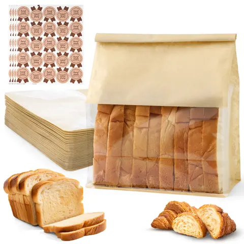 50pcs 8.6in Food-Grade Baking Supplies Paper Bread Bags with Viewable Window, Tin Tie, 100 Sealing Stickers, CPP Oil-Resistant Liner, Collapsible Large Home Organizer for Homemade Sourdough Loaves, Cookie Freshness