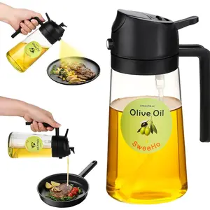 Oil Sprayer for Cooking,470ml Cooking Olive Oil Sprayer and Oil Dispenser 2 In 1, Food-grade Glass Oil Spray Bottle Mister for Air Fryer, BBQ, Griddle (Black+transparent glass and color label)