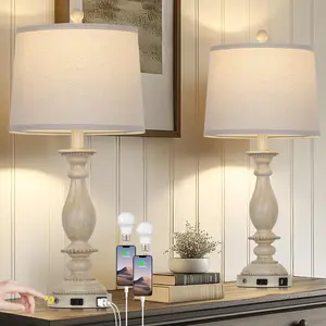 28" Tall Farmhouse Table Lamps for Living Room Set of 2, Rustic Beige Bedside Touch Lamp with USB C+A Ports & AC Outlet, 3-Way Dimmable  Nightstand Lamp for Bedroom Entryway Office
