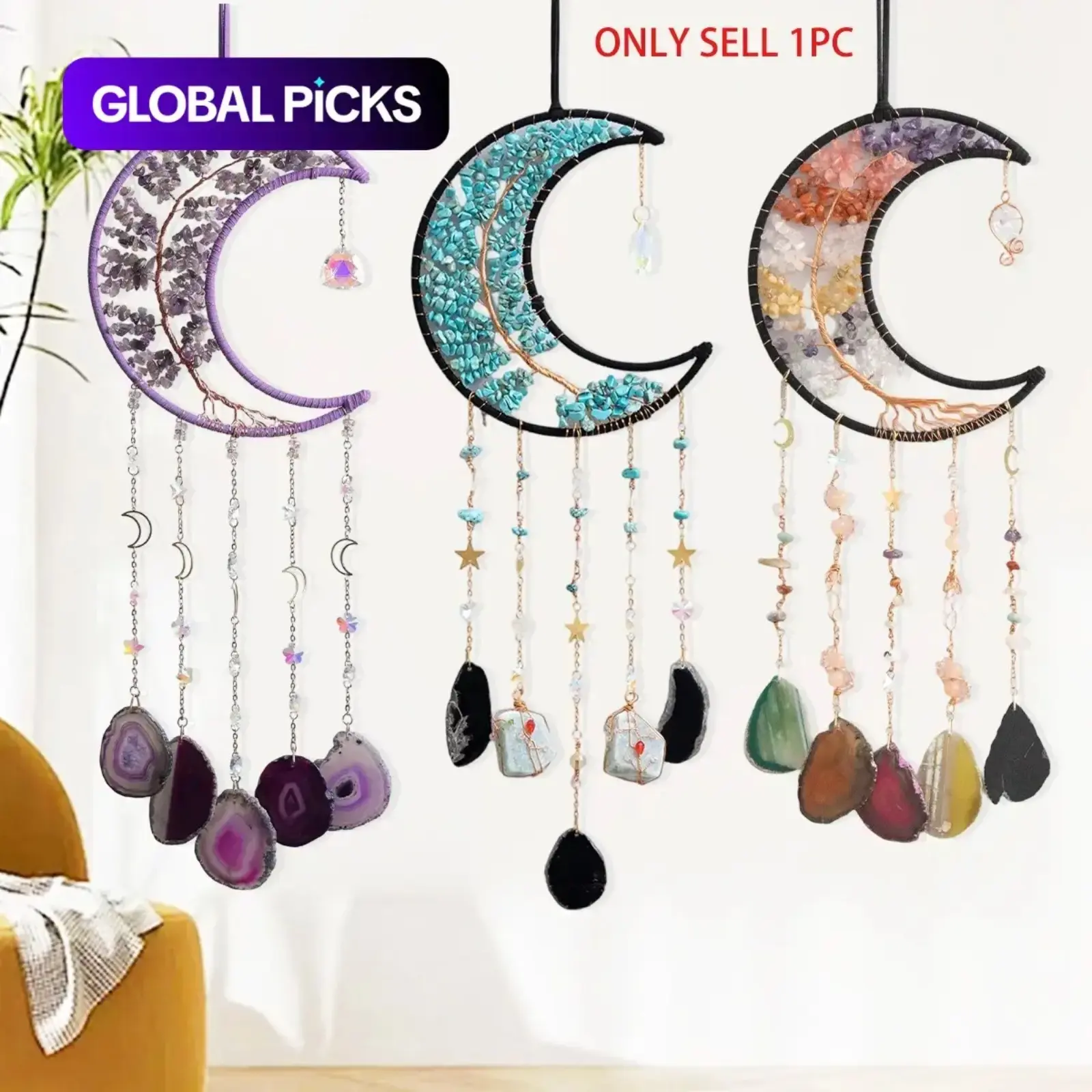 Boho Dream Catcher Wall Hanging, Handmade Multicolor Crystal Decor with Tree of Life, Moon, and Large Agate Pendant, Boho Wall Decor, Aesthetic Room Decoration, Ornaments, Hanging Home Decor