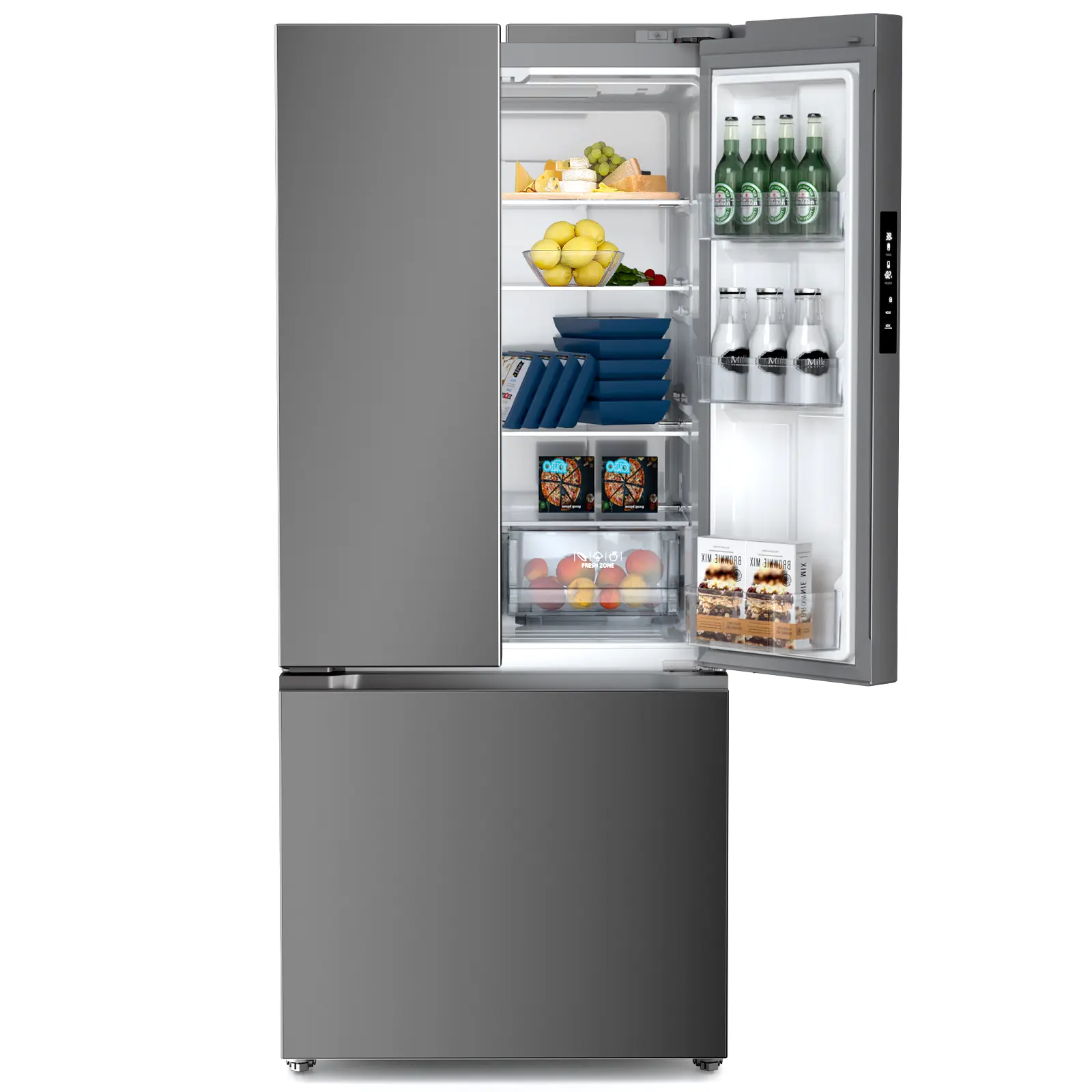 Antarctic Star 17.5 cuft French Door Refrigerator, Inverter Compressor, Super Freezing & Fast Cooling, Multi Air Flow, LED Light, Electronic Display, Door Alarm, 90° Door Opening, VCM Stainless Steel summerwins