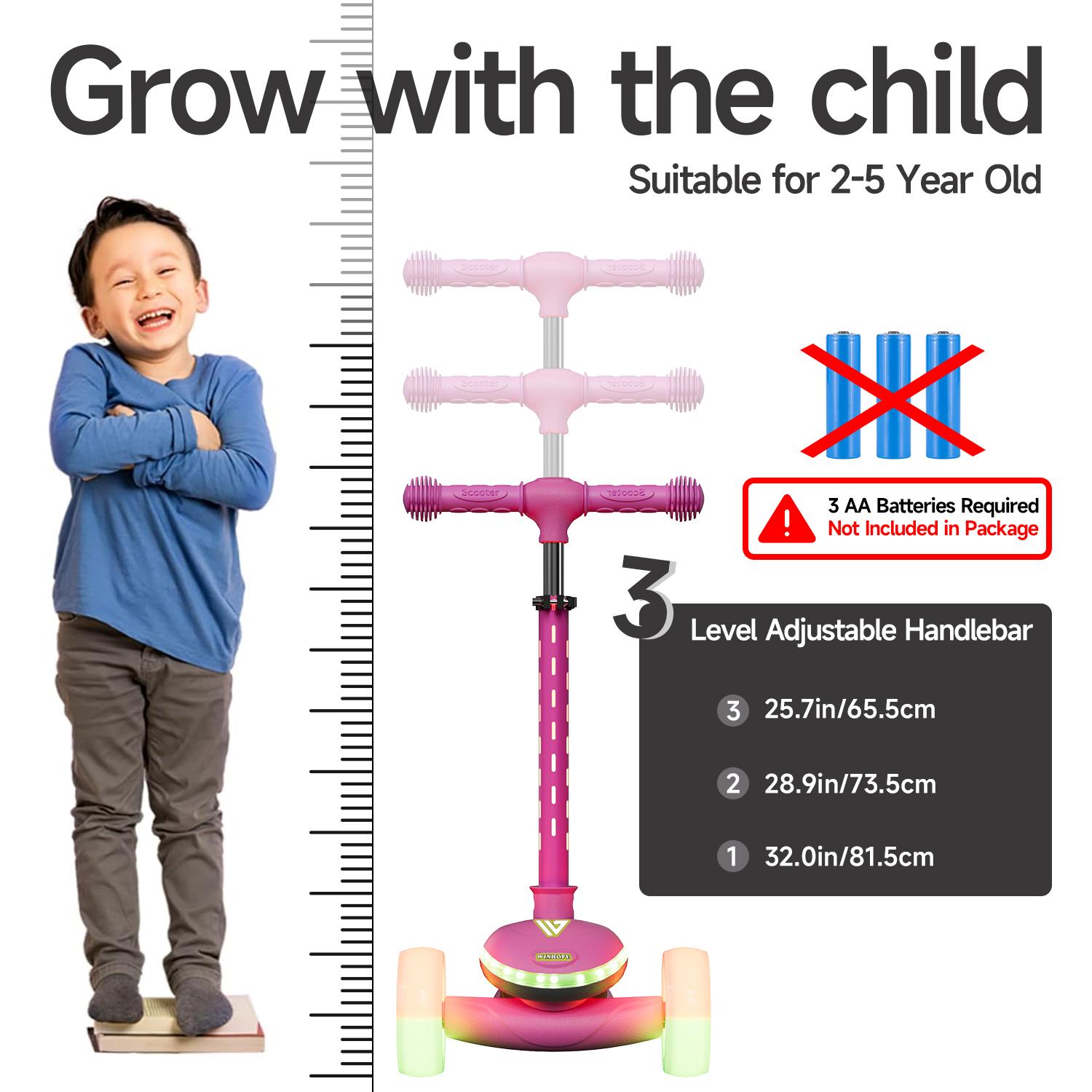 WINHOPE Pink Kids Scooter for 2-5Y with LED Light-Up Wheels 1-Step Fold All-Terrain Ride Fun and Safe for Children