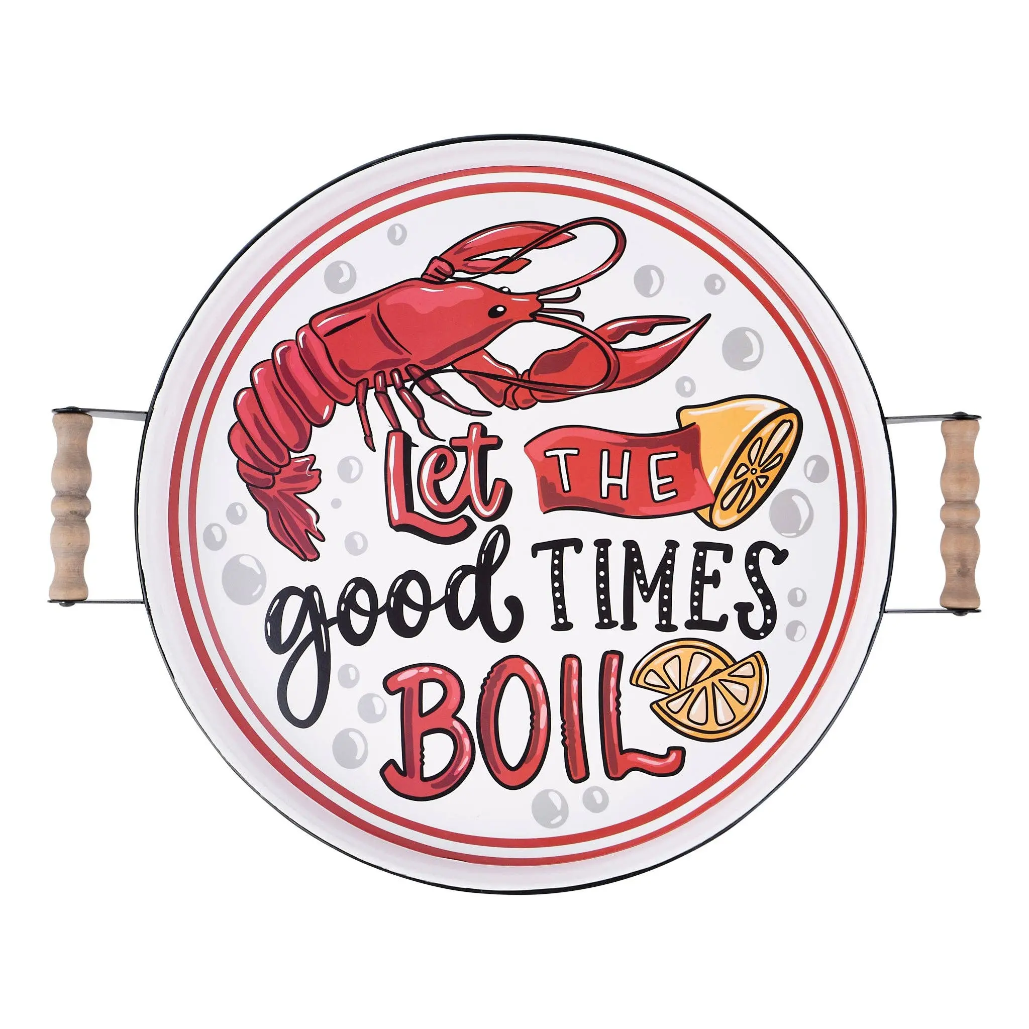 Enamel Round Crawfish Boil Serving Tray, Playful Kitchenware for Party, Low Country Spreads & Let the Good Times Boil Scenarios