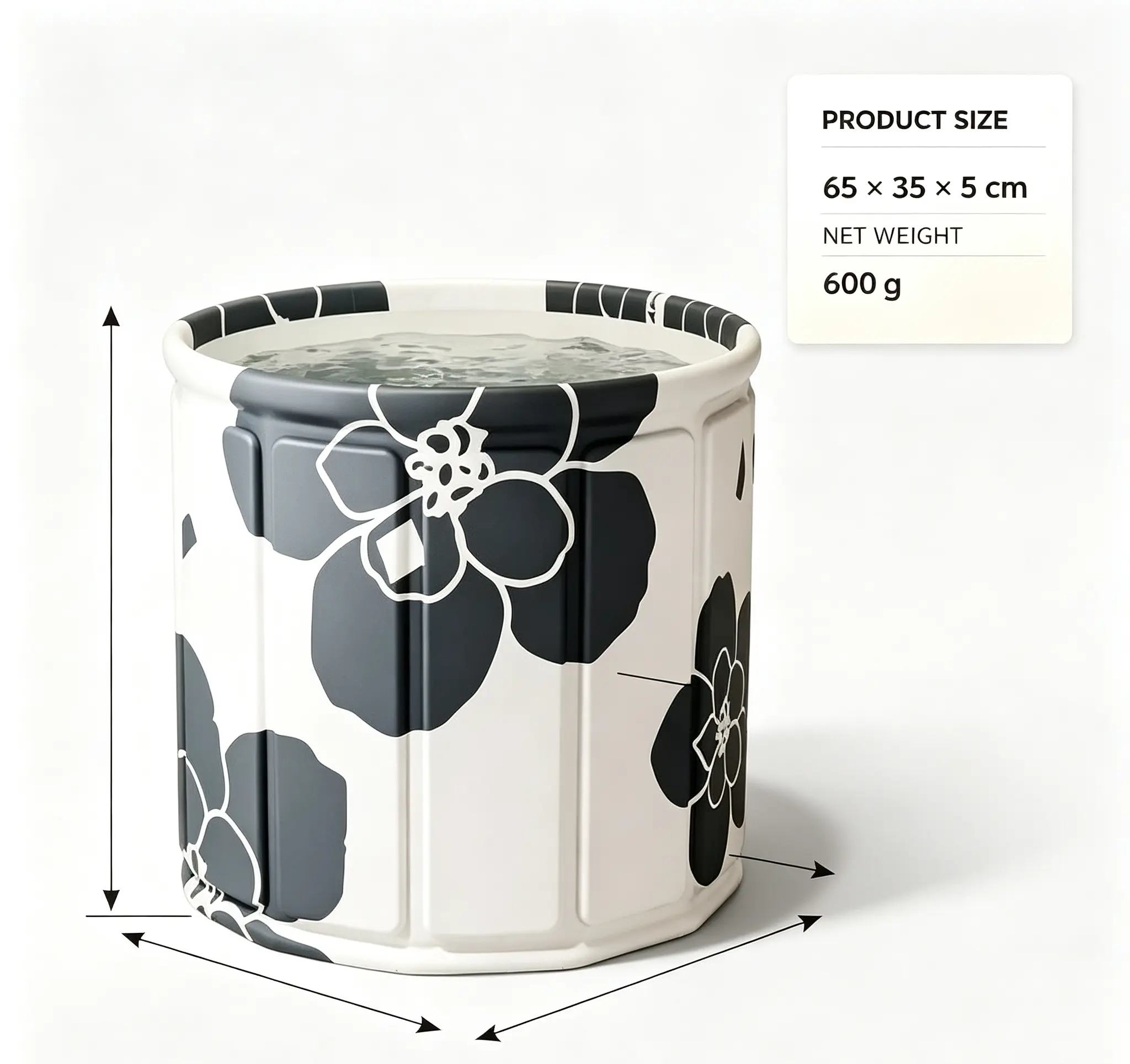 Space‑Saving Freestanding Home Spa Bathtub, Foldable B&W Floral‑Print Soaking Tub with Sturdy Support and Reliable Heat Retention for Hot & Cold Bath