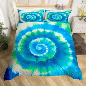 Tie Dye Boho Psychedelic Duvet Cover,Hippie Tie Dye Bohemian Gypsy Bedspread Cover,Blue and Green Quilt Cover,3Pcs Full Size,NO Comforter, Bedroom Bedding Set, Boho Bed Set