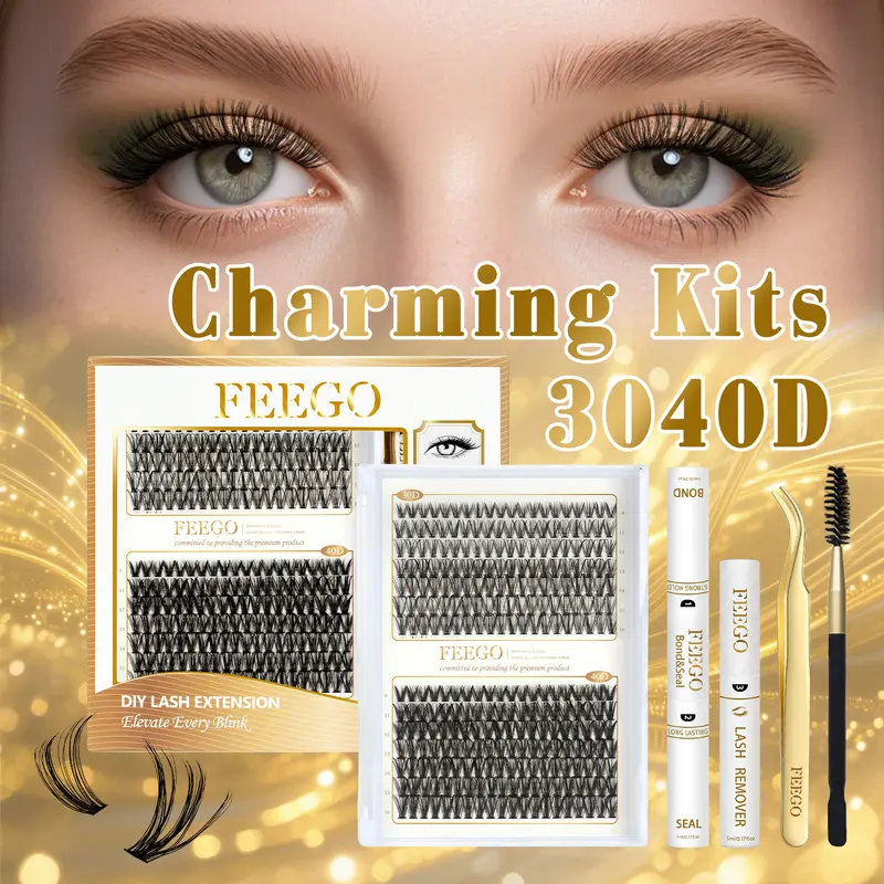 FEEGO Charming Kits 3040D D Curl DIY Eyelashes Extensions Kit 280pcs Lash Clusters Wispy 9-16mm Waterproof Bond Seal and Remover Eyelash Brush Tweezers