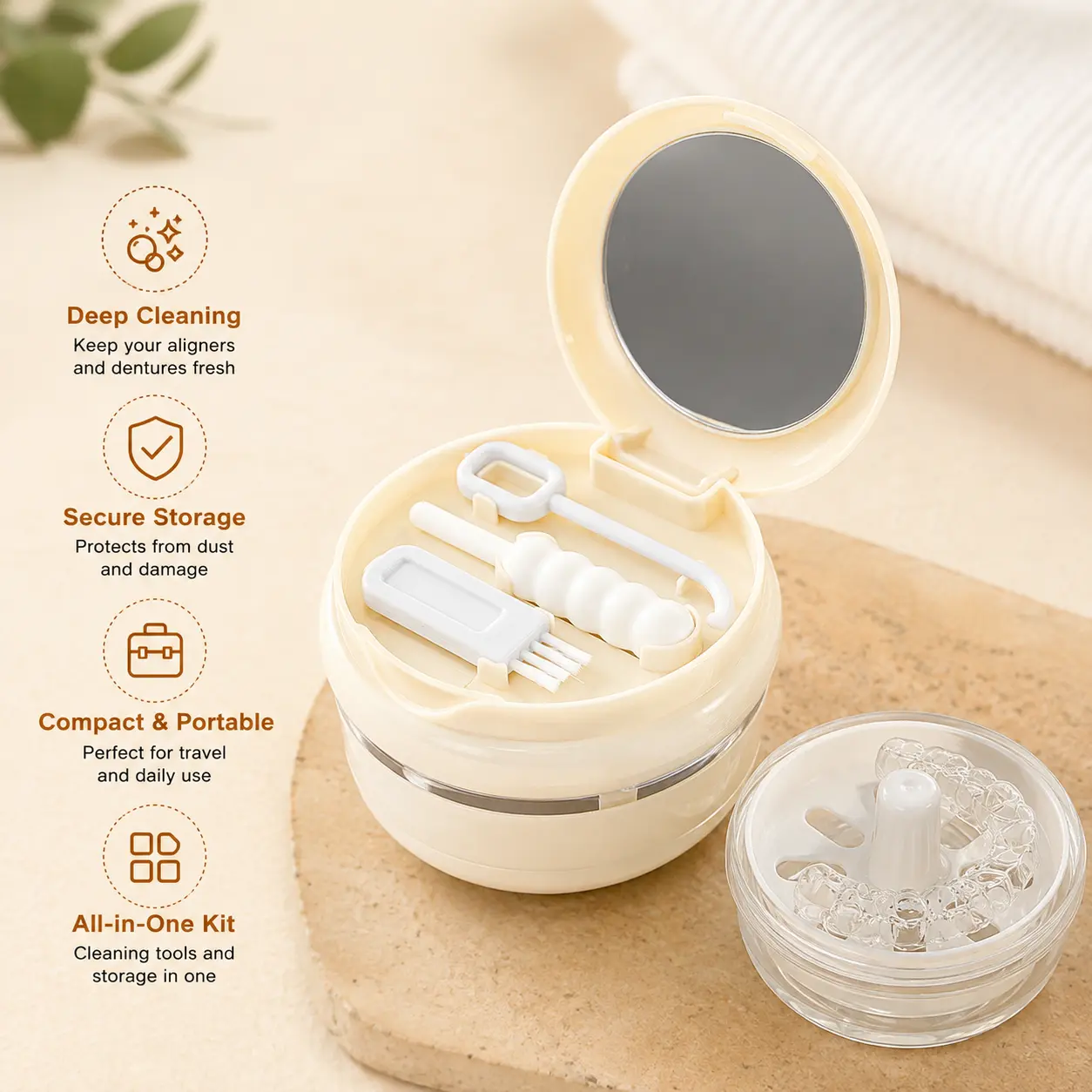 1-Count Lightweight Portable Leakproof Denture Retainer Case with Mirror, Cleaning Tools, and Layered Structure for Home & Travel Storage