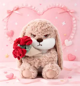 29cm Grumpy Face Fluffy Bunny Plush Toy Holding Red Rose Bouquet Soft Cute Angry Lop Eared Rabbit Stuffed Animal Doll Perfect Romantic Gift For Valentine's Day Anniversary Girlfriend Lovers Home Decor