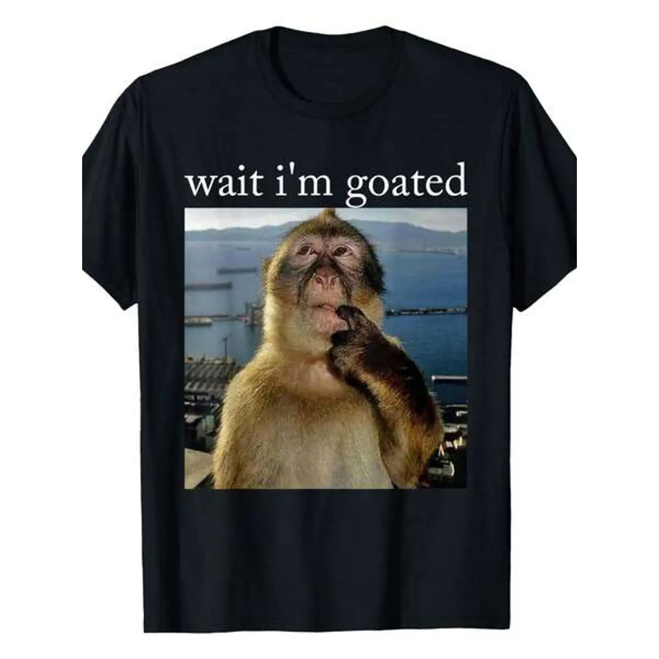Men's Funny monkey meme with text "wait i'm goated" Graphic T-Shirt - Short Sleeve Crew Neck Regular Fit Casual Wear | Soft & Breathable Fabric, Durable Print, Everyday Comfort, Machine Washable, Street style, casual, retro Casual outdoor